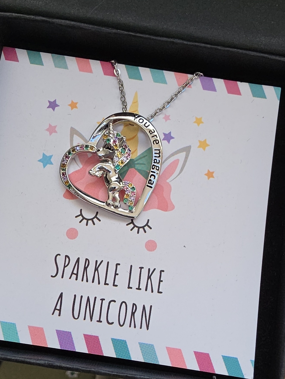 You Are Magical Unicorn Heart Necklace - Silver with Multicolor Rhinestones #9